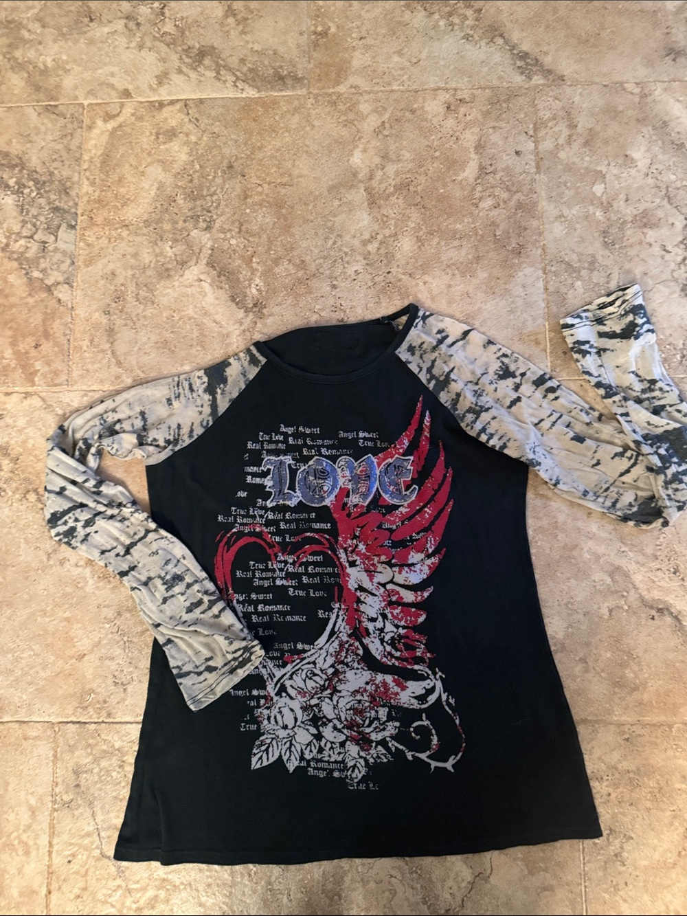 Girls Tease Black Graphic Raglan sheer sleeve tattoo Wings,angel size 14 Y2K 90’